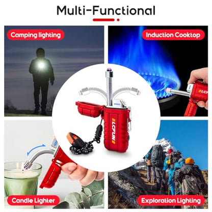 LcFun Electric Dual Arc Lighter USB Rechargeable, Windproof Plasma Lighters with LED Battery Indicator, Waterproof Flashlight Lighter with Whistle Lanyard for Camping, Survival Gear Gifts for Men - color: Red Pro