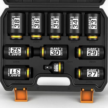 1/2'' Drive Deep Impact Socket Set: 11-Piece Metric Wheel Axle Nut Wrench Large Jumbo 27mm 29mm 30mm 31mm 32mm 33mm 34mm 35mm 36mm 38mm Car Spindle Joint High Torque Truck Bearing Locknut - style: Metric 6-Point