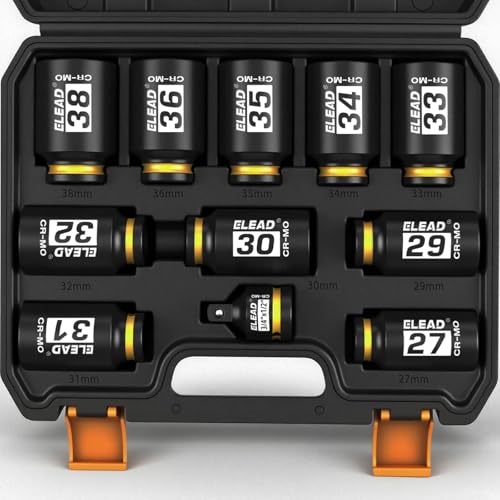 1/2'' Drive Deep Impact Socket Set: 11-Piece Metric Wheel Axle Nut Wrench Large Jumbo 27mm 29mm 30mm 31mm 32mm 33mm 34mm 35mm 36mm 38mm Car Spindle Joint High Torque Truck Bearing Locknut - style: Metric 6-Point