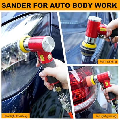 SI FANG 48Pcs 1'' 2'' 3'' Mini Air Sander Kit, High Speed Random Orbital DA Sander Polisher for Auto Body Work, Includes 1/2/3in Polishing Sponge & Wool Pads Sandpapers (Red Pneumatic Sander) - style: 1"2"3" Buffer&Sander Kit Red