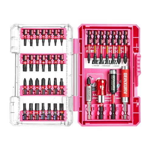 Geinxurn 40Pieces Impact Screwdriver Bits Set, Magnetic S2 Steel Phillips/Slotted/Square/Torx Insert Power Bits Tips, Impact Bit Holder with Pink Storage Box Case - style: STKB040-PK