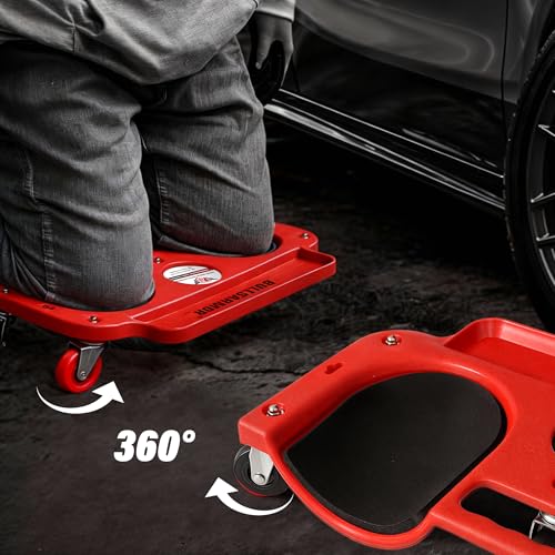 BullsArmor V2 UPGRADE Rolling Knee Creeper Pad with 5 Swivel Casters - Mechanic Kneeling Dolly Seat with Tool Tray, 200 LB Capacity, Garage Knee Board Stool for Auto, Construction, Flooring, Gardening