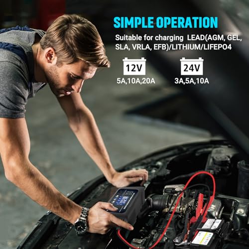 20Amp: 12/24V Smart Car Battery Charger – Automatic Maintainer, Trickle Charger & Desulfator with Overcharge Protection & Temperature Compensation – for Lead-Acid & Lithium & LiFePO4 Batteries - color: Black