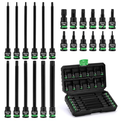 EMENTOL 24PCS 3/8" Drive Impact Torx Bit Socket Set, Extra Long Star Bit Sockets, T10-T60, Cr-V and S2 Alloy Steel - size: Torx Bit T10-T60