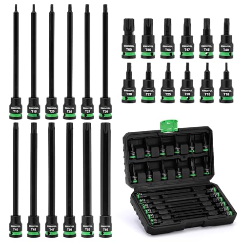 EMENTOL 24PCS 3/8" Drive Impact Torx Bit Socket Set, Extra Long Star Bit Sockets, T10-T60, Cr-V and S2 Alloy Steel - size: Torx Bit T10-T60