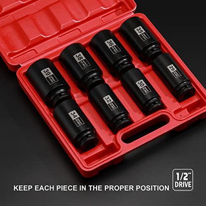 EMENTOL 8PCS 1/2" Drive Deep Spindle Axle Nut Impact Socket Set, CR-MO, 12 Point, Metric, Deep Socket Impact Socket Set-29,30 32, 34, 35, 36, 38, 39mm - size: 8PCS (29mm - 39mm)