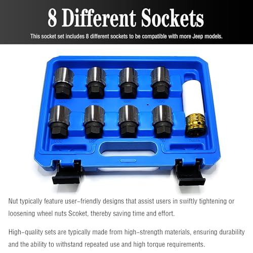9PCS 25.5mm Wheel Lock Nut Remover Kit for Jeep (JK) - 19mm x 20mm Aluminum Wheel Nut Remover
