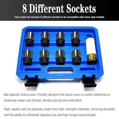 9PCS 25.5mm Wheel Lock Nut Remover Kit for Jeep (JK) - 19mm x 20mm Aluminum Wheel Nut Remover