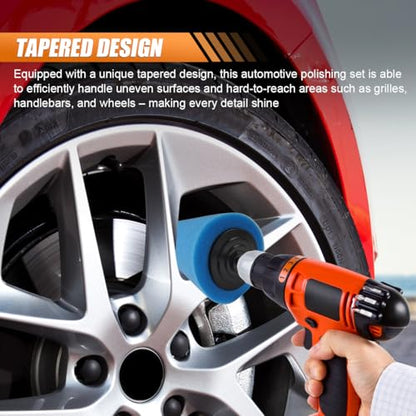 5PCS Car Wheel Hub Drill Buffing Sponge Pads Kit, 3 Inch Shank Polishing Pad for Car Details Cleaning, Auto Cone Metal Polish Buffing Polishing Ball, Universal for Automotive Wheels Care