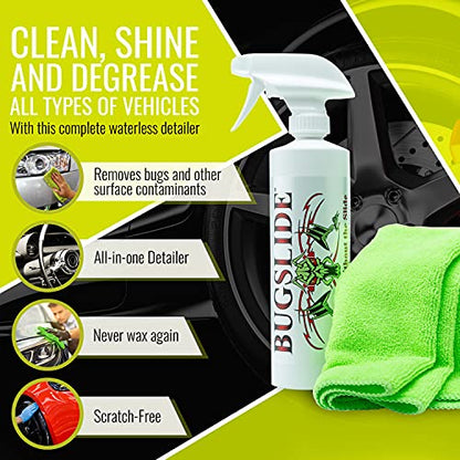 BugSlide 16 Oz Shop Kit Cleaner and Polisher with Microfiber Towel, Spray and Wipe Car Cleaner, Waterless Detailer for Removing Bugs without Scratching, Shining and Degreasing all Surfaces - size: 16 Oz Shop Kit