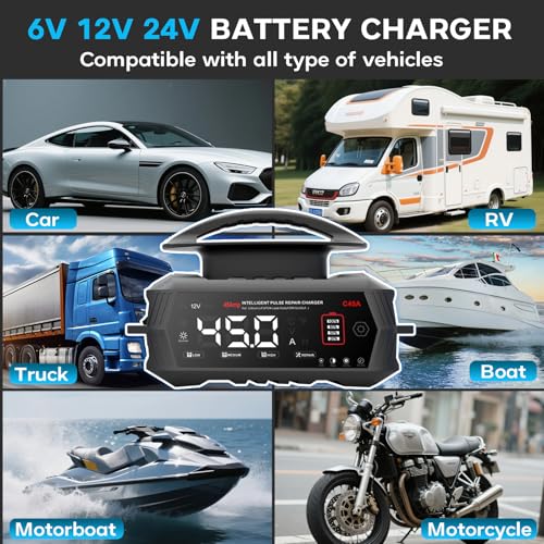 45 Amp Battery Charger, 6V/12V/24V Lithium LiFePO4 Lead Acid Smart Car Battery Charger, Automotive Maintainer Trickle Charger for Car, SUV, Motorcycle, Boat, Lawn Mower