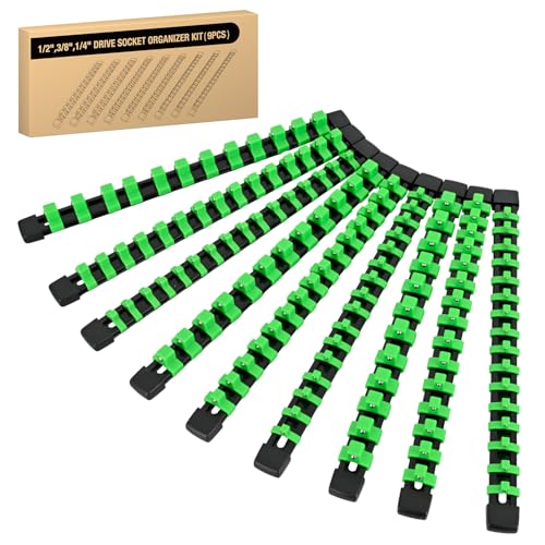 GOOACC Socket Organizer ABS Socket Holder Set 1/4" 3/8" 1/2" Drive Socket Rail Holders Stores up 129 Clips Impact Sockets Organizers Rails for Tool Box Drawer, 9 Piece Green - size: Clip Rail 9PC 1/4"3/8"1/2" Green