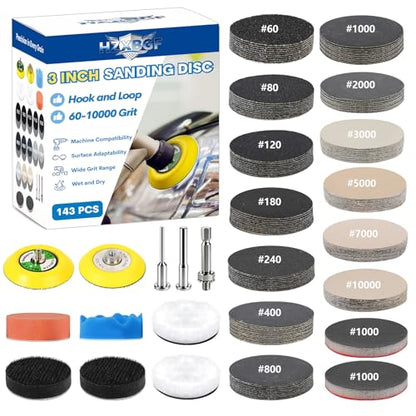143 PCS 3 in Drill Polishing Kit 60-10000 Grit Hook and Loop Sanding Discs | Wet Dry, Hook and Loop Sanding Discs, Headlight Restoration Kit, Sandpaper Pads, Rotary Tools, for Wood, Metal, Glass - style: 3 IN