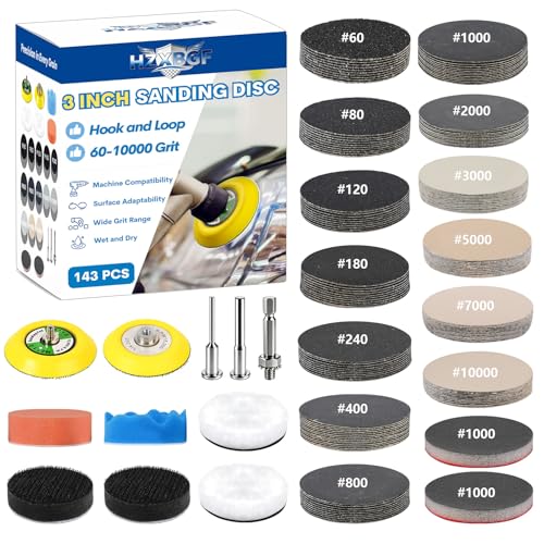 143 PCS 3 in Drill Polishing Kit 60-10000 Grit Hook and Loop Sanding Discs | Wet Dry, Hook and Loop Sanding Discs, Headlight Restoration Kit, Sandpaper Pads, Rotary Tools, for Wood, Metal, Glass - style: 3 IN