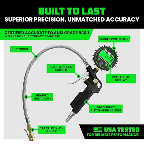 Rhino USA Digital Tire Pressure Gauge with Inflator (250 PSI) - Air Chuck | Professional Air Chuck & Compressor Attachments. 0.1 Display Resolution for Precise Readings on Car & Truck Tires. - style: 250psi Digital