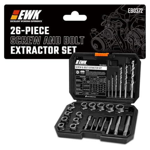EWK 26-Piece Screw and Bolt Extractor Set, Spiral Screw Extractors, Twist Drill Bits, and Bolt Extractor Sockets for Stripped Screws, Broken Bolts, Rusted Fasteners, and Damaged Hex Heads - style: 26 Pcs Screw Extractor & Drill Bit Sets