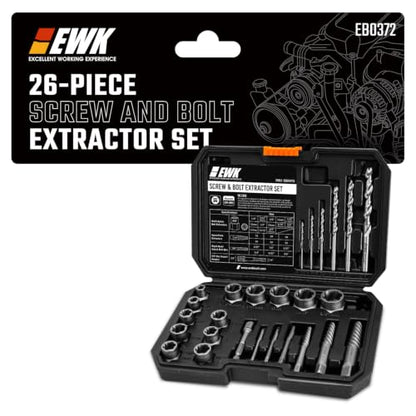 EWK 26-Piece Screw and Bolt Extractor Set, Spiral Screw Extractors, Twist Drill Bits, and Bolt Extractor Sockets for Stripped Screws, Broken Bolts, Rusted Fasteners, and Damaged Hex Heads - style: 26 Pcs Screw Extractor & Drill Bit Sets