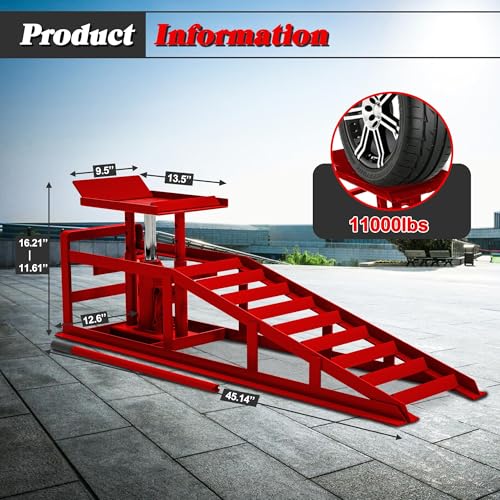 2 Pack Hydraulic Car Ramps 5T 10000lbs Low Profile Car Lift Service Ramps Truck Trailer Garage,Height Hydraulic Vehicle Ramps, Lift Height 11.61-16.21 Inches - color: Red
