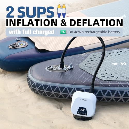CYCPLUS 20PSI High Pressure Smart SUP Air Pump, Rechargeable Battery-Powered, Intelligent Dual Stage Inflation & Deflation, Auto-Off Air Pump for Stand Up Paddle Boards,Surfing Kite, Tent, Mattress