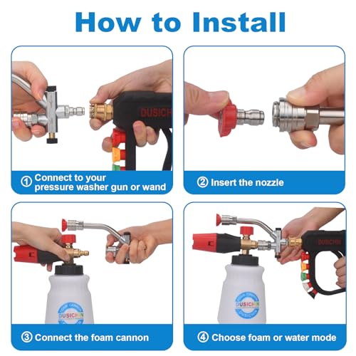 DUSICHIN Pressure Washer Short Gun Foam Cannon 1/4" Quick Connector,Car Wash Foam Gun Kit Dual Connector Accessory,Double Tip Attachment For Soap Cannon with 5 Nozzle Tips DUS2501