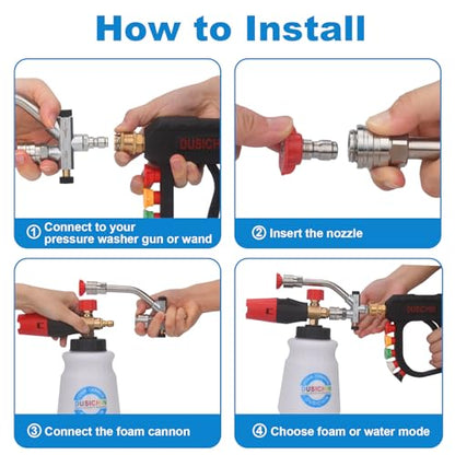 DUSICHIN Pressure Washer Short Gun Foam Cannon 1/4" Quick Connector,Car Wash Foam Gun Kit Dual Connector Accessory,Double Tip Attachment For Soap Cannon with 5 Nozzle Tips DUS2501