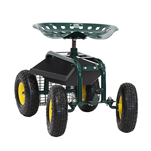 Kinfant Rolling Garden Cart with Seat - Garden Scooter Rolling Stool Gardening Cart with Tool Storage Basket & Swivel Seat - color: Green&yellow