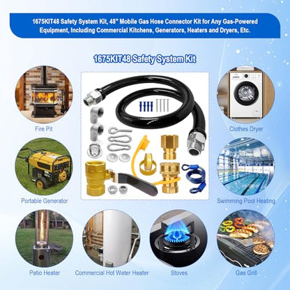 1675KIT48 Safety System Kit, 48" Commercial Gas Hose Connector Kit with 3/4" Quick Disconnect,Gas Line Hose for Kitchen Equipment Commercial Standard Gas Connector,Full Port Valve,Restraining Devices.