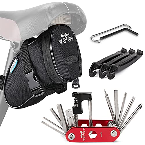 WOTOW Bike Repair Tool Kit & Bike Saddle Bag, 14 in 1 Bike Chain Tool Hex Key Wrench Maintain Accessories Multitool Set with Portable Under Seat Bag for Road Mountain Commuter Bicycle - style: 14 in 1 Multitool (Red)