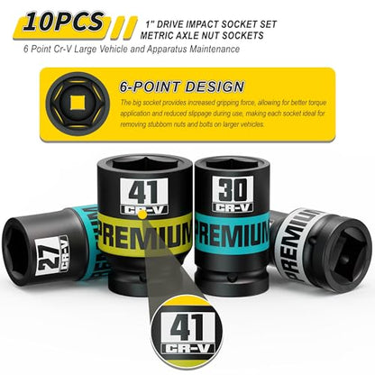10 Piece 1" Drive Impact Socket Set, Metric Axle Nut Sockets, 21-41mm Thicker Jumbo Sockets, Socket Set, 6 Point, Cr-V, Vehicle and Apparatus Maintenance - size: 1" 10pcs Metric