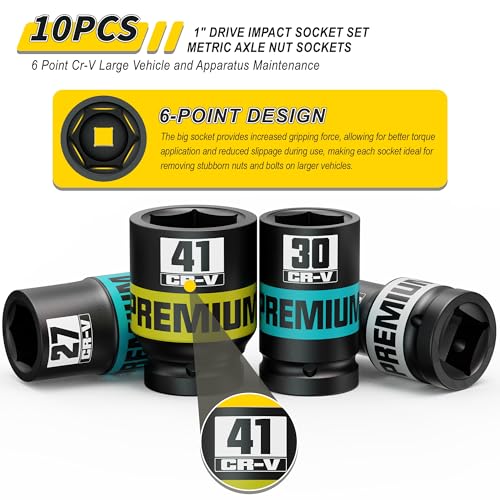 10 Piece 1" Drive Impact Socket Set, Metric Axle Nut Sockets, 21-41mm Thicker Jumbo Sockets, Socket Set, 6 Point, Cr-V, Vehicle and Apparatus Maintenance - size: 1" 10pcs Metric