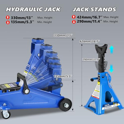 2 Ton (4000 lbs) Capacity, Low Profile Hydraulic Trolley Service/Floor Jack Combo with 2 Ratchet 3 Ton Jack Stands, tire Repair kit, 14-inch Wheel Cross Wrench - color: 2Ton with Jack stands+Tire repair kit+Wrench Blue