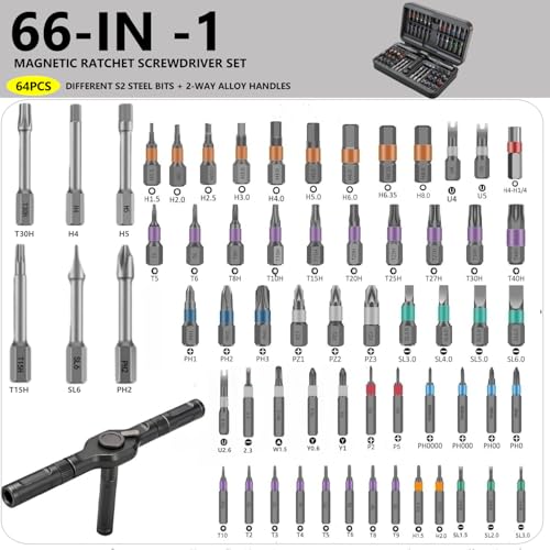 66 in 1 Magnetic Screwdriver Set, Multi-Bit Ratchet Screwdriver Kit with S2 Steel Precision Bits, T-Handle Repair Tool Set for Computer,Bicycle, Electronics, Furniture, DIY, Ideal Gift for Me Husband - size: 66 In 1