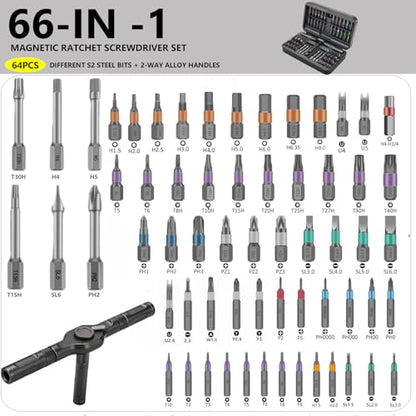 66 in 1 Magnetic Screwdriver Set, Multi-Bit Ratchet Screwdriver Kit with S2 Steel Precision Bits, T-Handle Repair Tool Set for Computer,Bicycle, Electronics, Furniture, DIY, Ideal Gift for Me Husband - size: 66 In 1