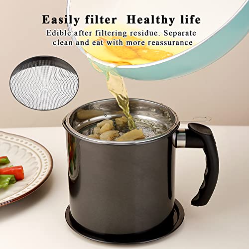 Kyraton Black Bacon Grease Container With Strainer, 48 oz Black Coating Stainless Steel Oil Container, Pot Fat Storage With Lid, Easy Grip Handle Suitable For Storing Frying Oil And Cooking Grease - color: 2. Black