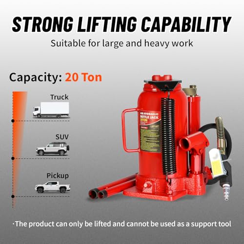 20 Ton Air Hydraulic Bottle Jack with Air-Powered or Manual Operation, One-Piece Hydraulic Cylinder Design, Air Bottle Jack with Carry Handle for Pickup Trucks, Commercial Vehicles, and Farm Equipment - color: Red