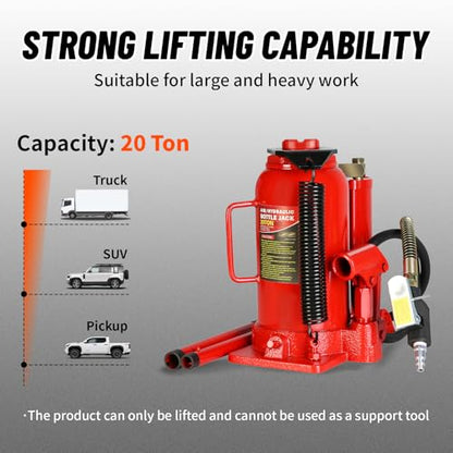 20 Ton Air Hydraulic Bottle Jack with Air-Powered or Manual Operation, One-Piece Hydraulic Cylinder Design, Air Bottle Jack with Carry Handle for Pickup Trucks, Commercial Vehicles, and Farm Equipment - color: Red