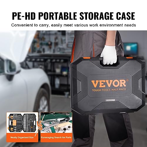 VEVOR Mechanics Tool Set and Socket Set, 1/4" and 3/8" Drive Deep and Standard Sockets, 145 Pcs SAE and Metric Mechanic Tool Kit with Bits, Combination Wrench, Hex Wrenches, Accessories, Storage Case - size: 1/4"&3/8", style: NEW 145 PC