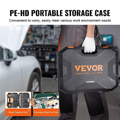 VEVOR Mechanics Tool Set and Socket Set, 1/4" and 3/8" Drive Deep and Standard Sockets, 145 Pcs SAE and Metric Mechanic Tool Kit with Bits, Combination Wrench, Hex Wrenches, Accessories, Storage Case - size: 1/4"&3/8", style: NEW 145 PC