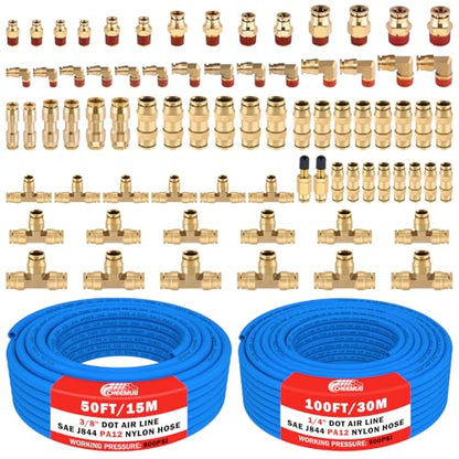 CheeMuii 76 PCS Brass DOT Air Line Fittings with 100FT 1/4" and 50FT 3/8" Blue DOT Air Lines Kit Push Lock Air Line Quick Connect Fittings with Pneumatic Tubing Set - size: 2ROLL-80PCS-BLUE