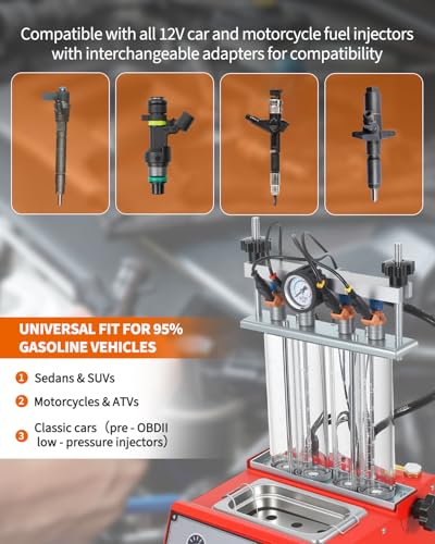 Garvee Fuel Injector Cleaner Tester 4-Cylinder 11 Test Modes 12V, Ultrasonic GDI Injector Cleaning Machine, 0-10 bar, Pulse Width (0.1-25ms), Resistance Test, Digital Display, Supports GDI Injectors - size: 4-Cylinder Model， 2-in-1