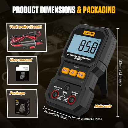 AUTOOL DM202 Mini Digital Multimeter, Auto-Ranging 4000 Counts True RMS NCV Non-Contact Voltage Tester, 600V AC/DC Voltmeter with Backlight, Automotive Electrical Diagnostic Tool