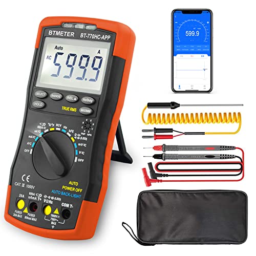 BTMETER Digital Multimeter, Handheld TRMS 6000 Multi Meter Auto Range Voltmeter Ammeter Measure AC DC Volt Amp Ohm Continuity Capacitance Frequency Diode hFE Transistor Temp 770HC-APP - color: 6000 Counts Multimeter Logger 770HCAPP