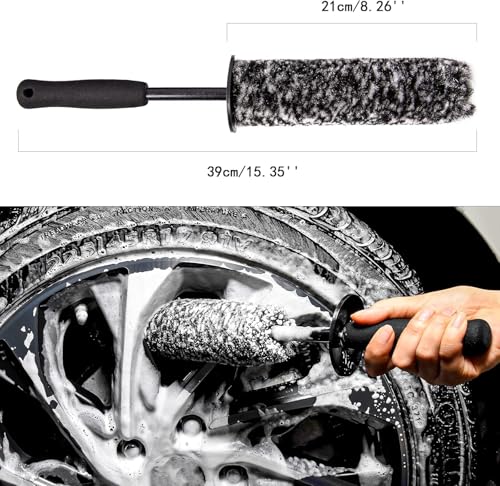 Car Wheel Rim Brush Kit, Woolies Wheel Brush, Car Cleaning Brush Fiber Rod, Steel Ring Fiber Cleaning Brush, Long Non-Slip Handle Clean Brush, Great to Clean Car Wheel Rim - color: Gray Wheel Brush