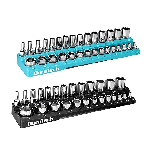 DURATECH Magnetic Socket Organizer Set, 3/8" SAE & Metric Socket Holders | Socket Trays, Tool Box, Tool Cart Organizer, Standard & Deep Sockets Organizer, Carbon Fiber, Prevent Scratching, 56-holder - size: 2pc 3/8" Metric&SAE