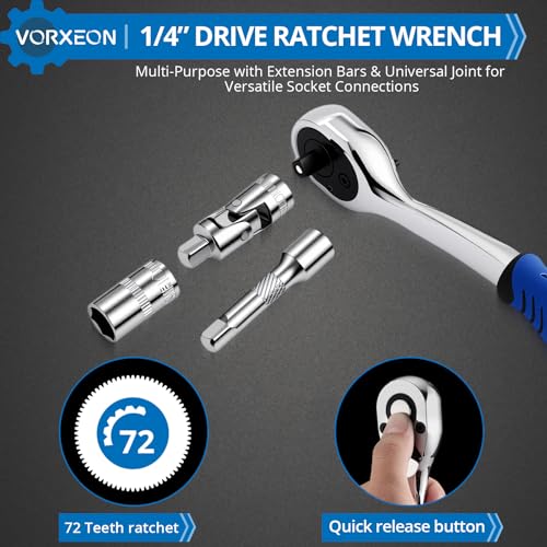 62-Piece 1/4" Drive Sockets with 72-Tooth Ratchet Wrench Set, Metric Sockets 4-14mm, 44 Screwdriver Bits, Universal Joint, Extension Bar, Storage Case - size: 62-PCS 1/4" Socket Ratchet Wrench Set