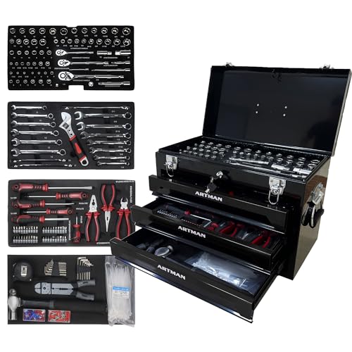 Campfun 439PCS Tool Set, Mechanic Tool Set for Home, Tool Box Set 4-Tier Socket Wrench Ratchet Plier Nails, Home Tool Set Mechanics Kit with 3 Drawers for Adults Man Handyman, Black - color: 439pcs-black