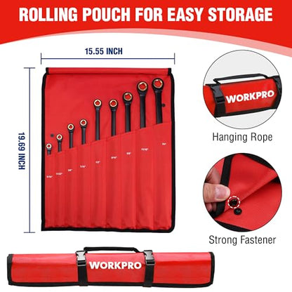 WORKPRO Extra Long Ratcheting Wrench Set, 9-Piece Anti-Slip Double Box Wrenches Set, SAE 5/16-3/4 in, 72-Teeth, Cr-V Steel and Black Electrophoretic Coating Wrenches with Rolling Pouch - size: SAE