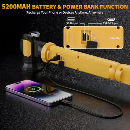 Mechanic Work Light Bar, 2400LM LED Rechargeable Under Hood Work Light with 5200mAh, Magnetic Base & Concealed Hook for Car Repair/Garage/Workshop/Home Emergency-Yellow