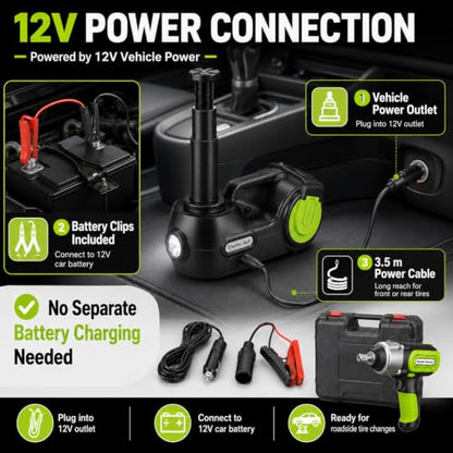 Electric Car Jack Kit 5 Ton 12V with Wrench and Tire Inflator (Black Green) | C model, 20.87 in lift, hydraulic jack, impact wrench, tire inflator, LED light, hard case