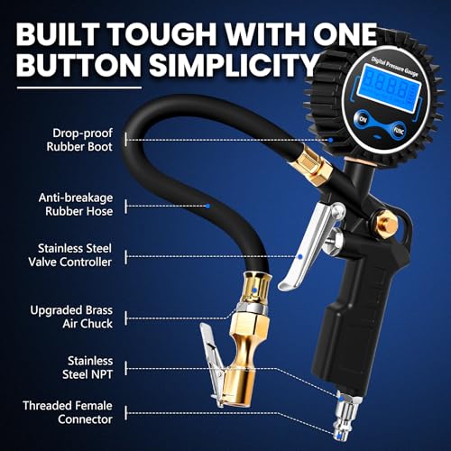 Digital Tire Gauge with Inflator & Deflator - LED Display & 0.1 PSI Resolution - Quick Release Valve & Heavy Duty Chuck - w/Adapter for Car, Truck, SUV, Motorcycle, RV, Balls - size: Classic